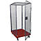 An open, rolling cage with a red floor and gray wheels, as well as an open door.