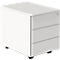 White office cabinet with three drawers and rollers. A lock on the right.
