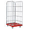 Chariot roulant en métal avec parois grillagées et base rouge. Quatre roues en bas.
