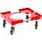 Roter Transportroller mit vier Rollen und silbernen Verbindungsstangen.