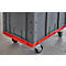 Caja de transporte gris con base roja sobre ruedas. Vista detallada.