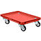 Carro de transporte rojo con ruedas. El área de carga tiene forma rectangular.