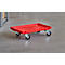 Red transport cart with four wheels stands on gray floor.