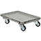 Grey transport box with four wheels. Rectangular shape, slightly raised.