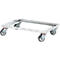 A rectangular cart made of silver-colored metal with four wheels, suitable for loads.