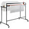 A gray roll cutting table with a roll of bubble wrap. A piece of foil is hanging down.