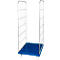 Blue rolling cart with grid walls and wheels.