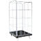 Chariot à cage métallique avec roues. Base en plastique noir, parois en grille argentée.