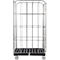 Un chariot à cage métallique roulant vide, avec une base noire et des roues.