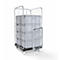 Rollwagen mit mehreren grauen Kisten, umgeben von einem Metallrahmen mit Rädern.
