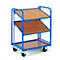 Blue serving cart with wooden shelves, four wheels, on a white background.