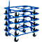Blauer Rollwagen mit vier Ebenen, Rollen und Halterung zum Ziehen.