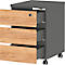 Grauer Rollcontainer mit drei Schubladen mit Holzfront, eine davon geöffnet. Schwarze Rollen.