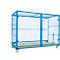 Blue rolling cage with mesh walls and wheels, empty transport box.