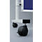 Close-up van de wielen van een whiteboard. Zwarte wielen, wit frame, blauwe achtergrond.