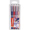 Quatre stylos dans un emballage plastique. Couleurs : violet, rouge, lilas et rose. Le nom du produit est Wildflower Edition.