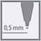 Illustration grise d'un stylo à pointe de 0,5 mm, dans un cadre gris.