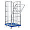 Metal transport cart with grid structure and blue base. One door is open.