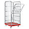 Metal cage trolley, partially open, with red base plate on wheels.