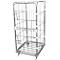 Metal mesh trolley, with wheels. The top sides are open, the bottom has a door with a clasp.