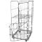 An empty metal roll container with three levels and wheels. Part of the side wall is open.