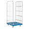 Blue roll container with wire mesh sides and wheels. The trolley is on a white background.