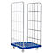 An empty roll container with a metal grid and blue floor, standing on four wheels.