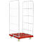 Red roll container with grids, stands on white castors.