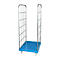 Metal transport trolley with blue base and wheels. Grid sides.