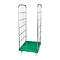 A green rolling cart with wheels and grid walls. The base is green, the grids silver.