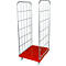 Red roll container with grid walls and white wheels.