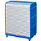 Blue and silver cabinet with roller shutter and handle. The housing is blue, the door silver. There are small silver feet on the feet.