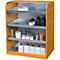 Yellow-orange cabinet with multiple shelves, filled with various containers and bottles. The cabinet has a roller shutter.