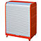 Orange cabinet with silver roller shutter front, key, and feet.