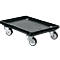 Black transport box on castors, ideal for transporting goods. Four silver wheels provide mobility.