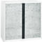 White cabinet with gray concrete look, dark handle. Two doors at the front with vertical lines.