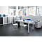 A modern office with a desk, chairs, and a view of a city. Windows with blinds, blue chair, grey cabinets and dark floor.