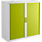A white cabinet with bright green ribbed doors and silver handles.