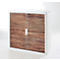 White cabinet with wood-grained doors and silver handles.