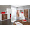 Office furniture: wood-look and white cabinets, chairs and table. Red folder on the table.