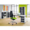 Office space with a modern desk, chair, wall unit, and colorful artwork. Bright ambiance, plenty of daylight.
