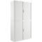 White cabinet with ribbed sliding doors and metal handles. It has a tall, rectangular shape.