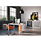 Modern office with desk, orange chair and dresser. Windows in the background, art on the wall.