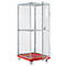 Metal transport cart with a red base, mesh walls, and wheels. The door is open.