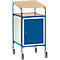 Blue and white cart with wooden top, casters and cabinet door. The table stands on rollers.