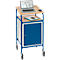 Blue presentation cart with wooden top, laptop, mouse, storage compartment, paper, and remote.