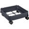 Dark gray PC tower stand on wheels. Rectangular shape with raised edges, four casters.