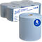 Seis rollos de toallas de papel azules embalados, un rollo está al lado. Inscripción: Scott Professional Control Handtücher.