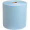 Papel en rollo azul, de pie. Papel con finas líneas horizontales y un núcleo marrón.
