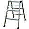 A silver freestanding step ladder with three steps and black feet. There is lettering on the sides.